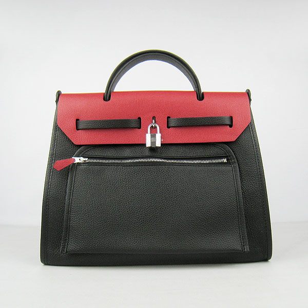 7A Replica Hermes Black/Red Kelly 32cm Togo Leather Bag 60667